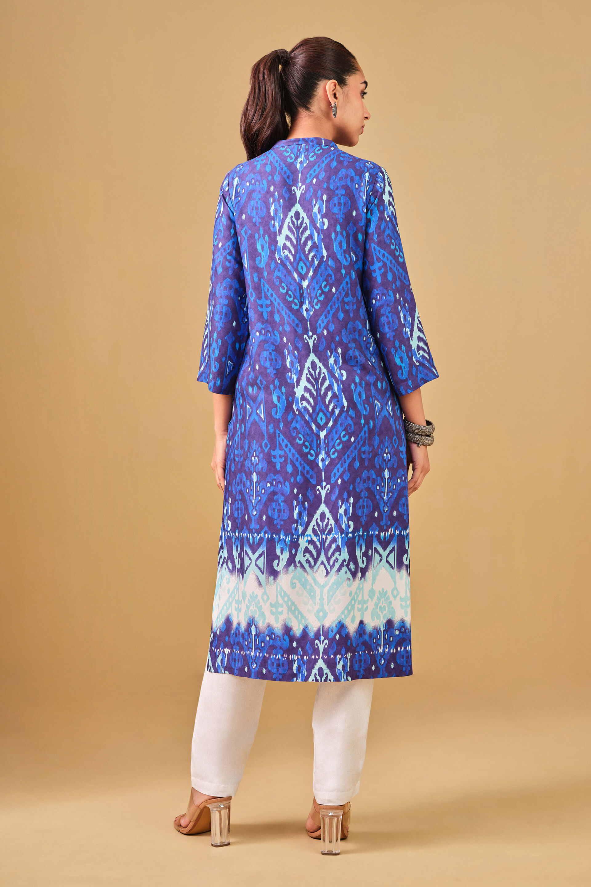 Blue Ikat Inspired Viscose Kurta, Ink Blue, image 4